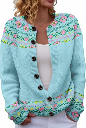 Generic Cardigans for Women UK Vintage Fairisle Jumpers for Women Lightweight Open Front Cardigan Casual Long Sleeve Button Down Sweaters Winter Warm Knitted 