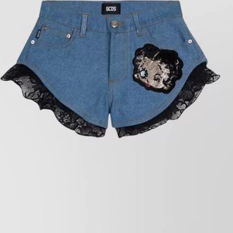 GCDS betty boop stonewashed denim lace shorts