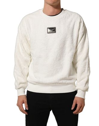 Dolce & Gabbana Mens White Logoplaque Crewneck Sweatshirt Sweater Cotton Clothing