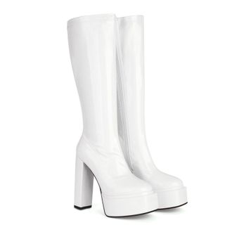 Generic Womens Knee-High Platform Boots Chunky Block Heels Patent Upper Side Zipper Round Toe Bold Silhouette Soft Lining Cushioned Insole Durable Outsole,Whi
