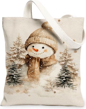Generic Winter Snow Man Canvas Tote Bags, Charming Snow Man Design Reusable Grocery Bags, Lightweight Washable Shoulder Strap Canvas for Outdoor Travel Beach 