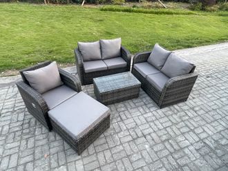 Fimous High Back Rattan Garden Furniture Set with Loveseat Sofa Rectangular Coffee Table Big Footstool Indoor Outdoor Patio Lounge Sofa Set