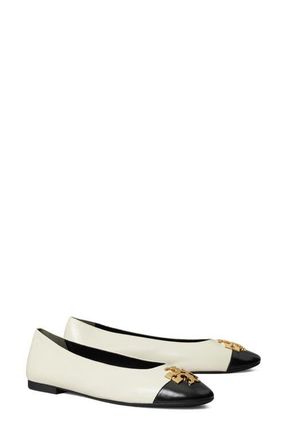 Tory Burch Charlie Cap Toe Ballet Flat in Light Cream/black/gold at Nordstrom, Size 10.5