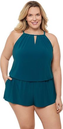 Aqua Green Plus Size Keyhole Blouson Slimming Swimsuit Romper with Pockets in Lagoon at Nordstrom, Size 3X