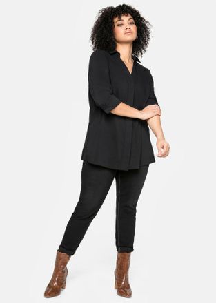 Sheego Hemdbluse SHEEGO, Damen, Gr. 40, schwarz, 70% Baumwolle, 27% Polyamid, 3% Elasthan, unifarben, V-Ausschnitt, Blusen Hemdbluse