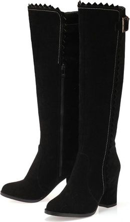 Generic Womens Chunky Block Heel Knee High Boots Buckle Side Zipper Round Toe Comfort Versatile Winter Shoes (Black,5.5)