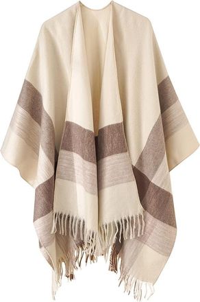 Feoya Womens Oversized Poncho Cape Warm Shawl Blanket Wrap Striped Reversible Capes Open Front Printed Cape Shawls Fringe Tassel Knitted Ruana Shawl Color B