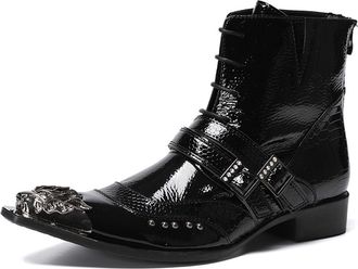 Generic Mens Black Dress Chelsea Boot Fashion Party Western Boots Metal Tip Toe Genuine Leather Buckle Ankle Boots Fashion Cowboy Disco Singer Ballroom Weddin