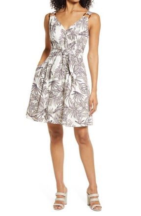 Vince Camuto Linen Blend Tie Front Sleeveless Minidress in Ivory Navy at Nordstrom, Size 16