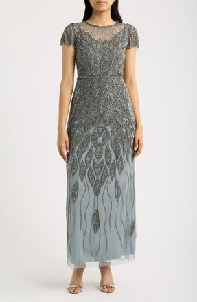 Pisarro Nights Beaded Cap Sleeve Column Gown in Teal 401 at Nordstrom, Size 14