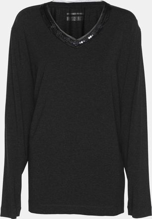 Basler Dark Grey Stretch Knit Ribbon Embellished V Neck Shirt