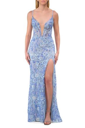 La Femme Fabulous Print Floral Sequin Dress with Deep V Neckline in Cloud Blue at Nordstrom, Size 6