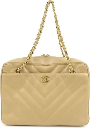 Chanel Vintage Pocket Camera Chevron Lambskin Beige Leather Handbag (Pre-Owned)