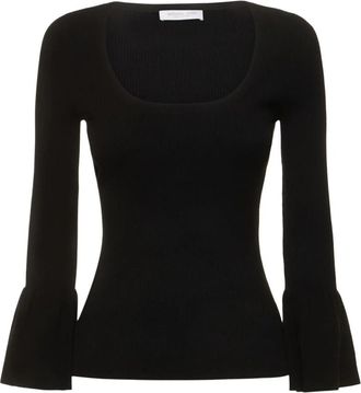 Michael Kors Ribgebreide stretch viscose trui met ruches - Dames - Ronde hals truien - Zwart - L - Polyester - Truien & Vesten