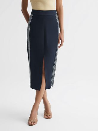 Reiss Navy High Rise Midi Pencil Skirt, 10