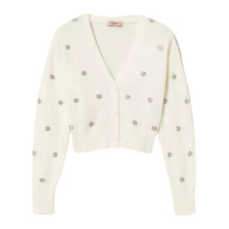 Twinset Cardigans, female, White, Size: M Angora Cardigan with Floral Applications