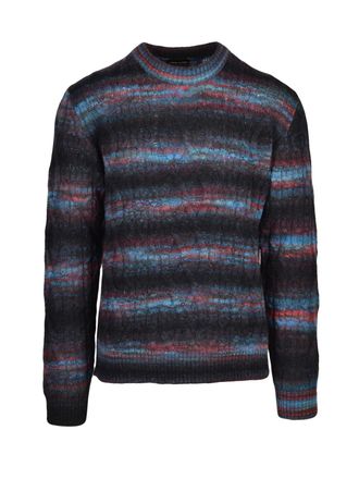 Roberto Collina Black/Blue Cable Knit Wool-Blend Crewneck Sweater