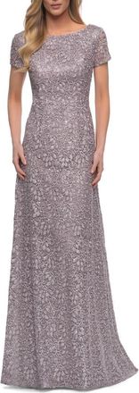 La Femme Embroidered Lace Long Gown with Short Sleeves in Dark Mauve at Nordstrom, Size 10