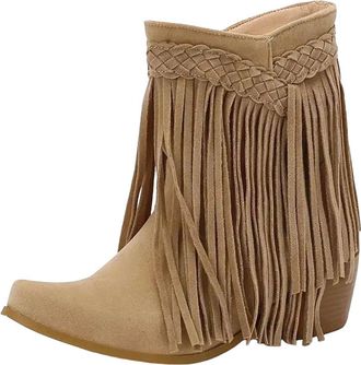 Generic Womens Western Ankle Boots Square Toe High Block Heel With Fringe Detail Slip On Vintage Style Leisure Shoes