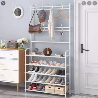 OEM Porte-v&ecirc;tements Avec Banc &Agrave; Chaussures - M&eacute;tal - 8 Crochets - 3 &Eacute;tag&egrave;res - Blanc Ou Noir - 26 X 60-80 X 153 Cm