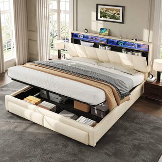 Merax Linen 5ft King Size Ottoman Storage Bed with LED & Hidden Storage in Beige