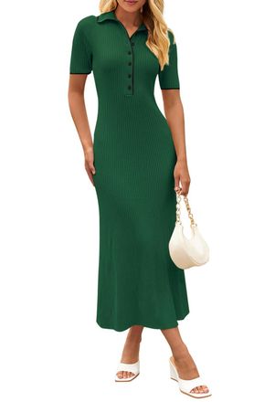 Merokeety Womens V Neck Ribbed Knit Maxi Dress Button Short Sleeve Slim Fit Bodycon Sweater Dress, DarkGreen, M