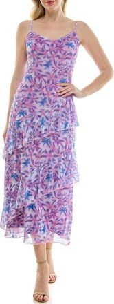 Bebe Print Mesh Ruffle Maxi Dress in Purple/blue Multi at Nordstrom Rack, Size X-Small