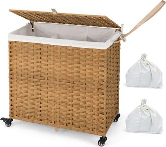 Costway Costway - Laundry Hamper 125L 3-Section Laundry Basket w/Lid & Wheels-Natural