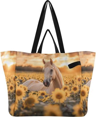 Generic Horse Sunflowers Field Yellow pattern Reusable Canvas Tote Bag, Heavy Duty Grocery Shopping Bag with Hard Bottom Double Handles Large Capacity Work Gr