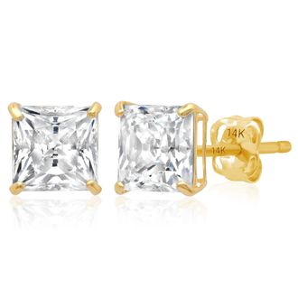 MAX + STONE 14k Yellow or White Gold Princess Cut Cubic Zirconia Stud Earrings 4MM to 7MM