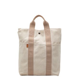 Herm&egrave;s Beige Brown Canvas Handbag Tote Bag (Pre-Owned)