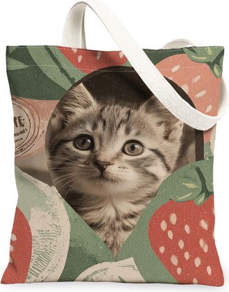 Generic Cute Cat Canvas Tote Bags, Animal Fruit Pattern Reusable Grocery Bags, Vintage Lightweight Washable Shoulder Strap Canvas F, Multicolor, 13x15 Inch