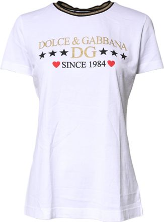 Dolce & Gabbana Womens White Printed Round Neck Top Cotton T-Shirt