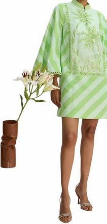 Verandah Hand Beaded Kaftan Mini Dress In Pistachio And Celadon Palm And Shell Stripe