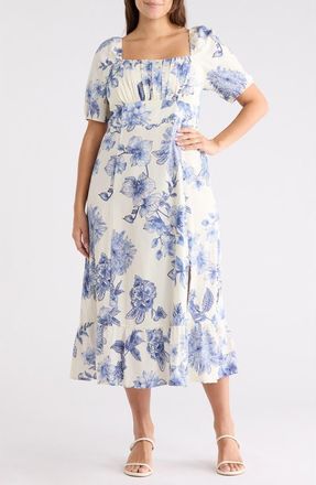 London Times Floral Puff Sleeve Linen Blend Midi Dress in White/Blue at Nordstrom Rack, Size 14W