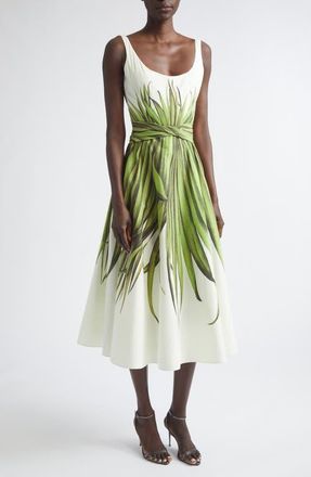 Oscar De La Renta Palm Leaves Print Cotton Stretch Poplin Midi Dress in Green/ecru at Nordstrom, Size 10