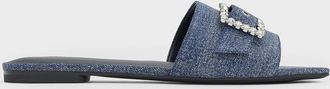 Charles & Keith Denim Gem-Buckle Square-Toe Slide Sandals