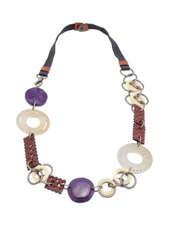 Marni Leren halsketting met houten detail - Bruin