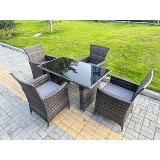 Fimous Rattan Garden Furniture Set 4-seater Patio Black Glass Table Chairs in Dark Grey