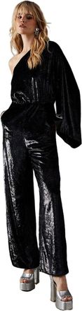 Warehouse Metallic Texture One Shoulder Flared Sleeve Jumpsuit, 8, black