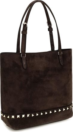Valentino Garavani Womens Small Rockstud Suede Tote Bag Ebony Brown Calf Leather Bos Taurus Shoulder