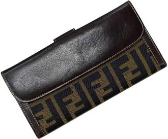 Fendi Brown Khaki Canvas Leather Long Wallet (Bi-Fold) (Pre-Owned)