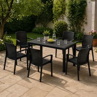 Dmora Set De Sal&oacute;n Exterior Matarene, Sof&aacute; De Jard&iacute;n 6 Plazas, Mesa Hecha En Italia, Impermeable, Negro Antracita