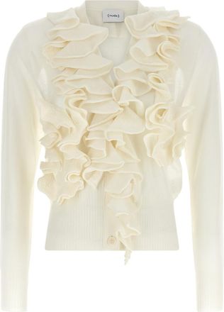 Nude White Ruffle V Neck Sweater