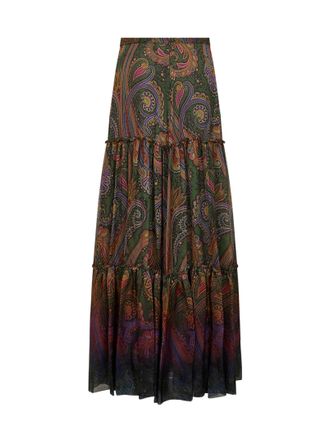 Etro Womens Skirt Tiered Silk-Chiffon Maxi Paisley Multicolour