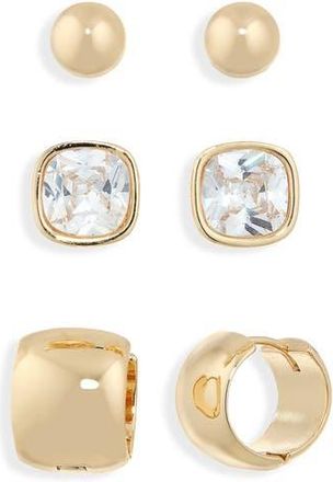 Nordstrom Rack Set of 3 Cubic Zirconia Stud & Huggie Hoop Earrings in Clear- Gold at Nordstrom Rack