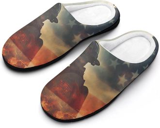 Generic Firefighter U.S. Flag Mens Soft Cotton Slippers with Memory Foam Anti-skid House Shoes for Travel Indoor Outdoor