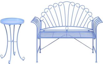 Beliani Conjunto Para Exterior De Mesa Auxiliar Y Banco Con Apoyabrazos Acampanados 2 Plazas De Metal Azul Claro Estilo Vintage Cavinia