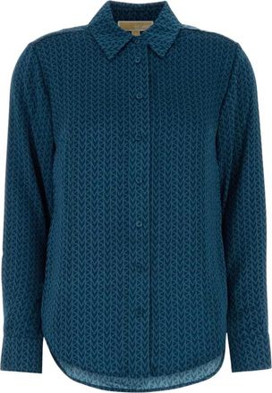 Michael Kors Mk 2000 Logo Print Satin Shirt - Dames - Overhemden - Blauw - M - Polyester - Overhemden