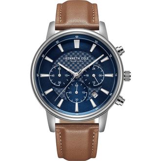 Kenneth Cole Leather Strap Chronograph Watch, 42mm in Tan at Nordstrom Rack